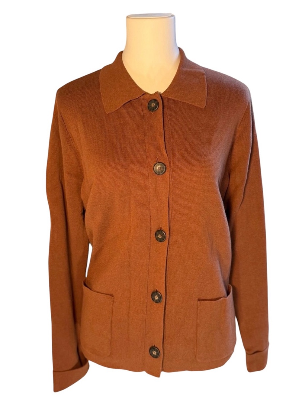 J. Jill Cognac Collared Cardigan Sweater Jacket Size M Petite Patch Pockets